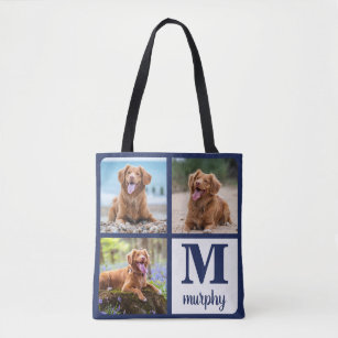 Modern 3 Pet Photo Monogram Dog Lover Tote Bag