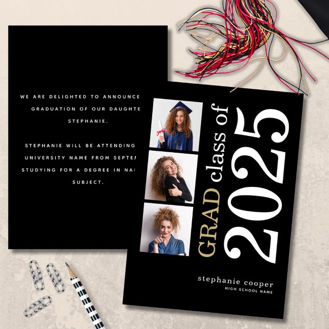 Modern 3 photo 2024 Black Graduation Announcement (front and back view)