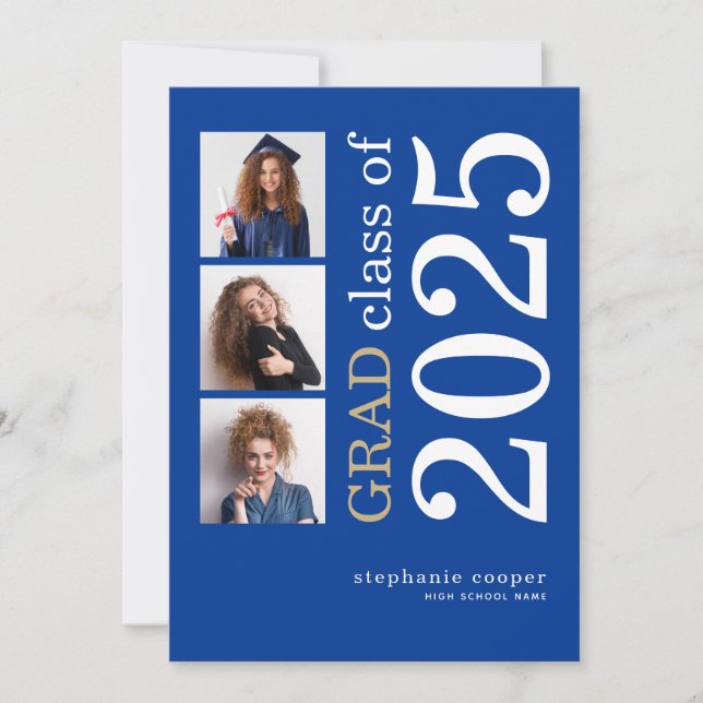 Modern 3 photo 2025 Blue Graduation Announcement (Front)