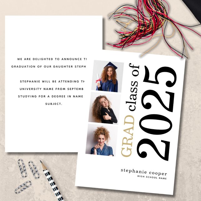 Modern 3 photo 2026 White Graduation Announcement (front and back view)