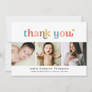 Modern 3 Photo Baby Shower Colorful typography Thank You Card