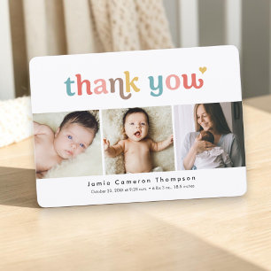 Modern 3 Photo Baby Shower Colourful typography Thank You Card