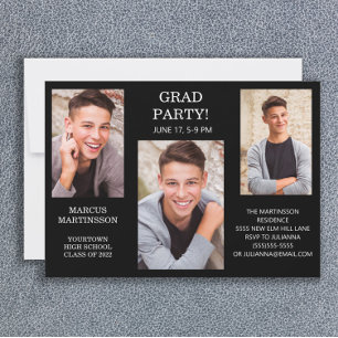 Modern 3 Photo Black (Editable Colour) Graduation Invitation