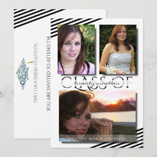 Modern 3 Photo Black Stripes Graduation Party Invitation
