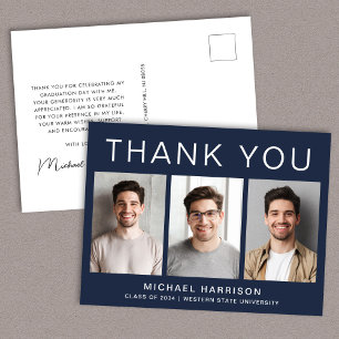 Modern 3 Photo Blue Graduation Thank You Postcard