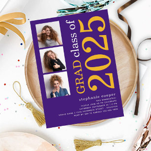 Modern 3 photo Bold 2024 Purple Graduation Invitation