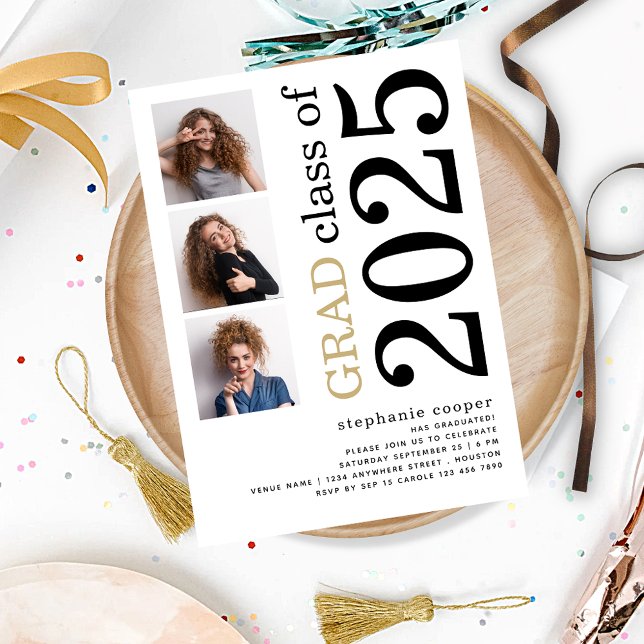 Modern 3 photo Bold 2025 White Graduation Invitation (front view)