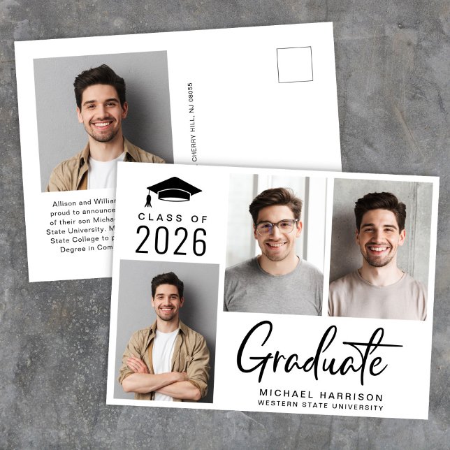 Modern 3 Photo Bold Script Graduation Announcement Postcard (Modern 3 Photo Bold Script Graduation Announcement Postcard)
