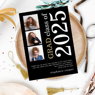 Modern 3 photo Bold Text 2022 Black Graduation Thank You Card