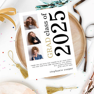 Modern 3 photo Bold Text 2022 White Graduation Thank You Card