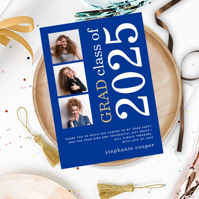 Modern 3 photo Bold Text 2025 Blue Graduation Thank You Card (Creator Uploaded)
