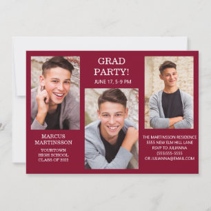 Modern 3 Photo Burgundy Graduation Party Invitation