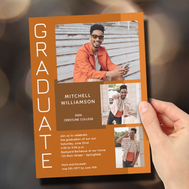 Modern 3 Photo Burnt Orange Graduation Invitation (Creator Uploaded)