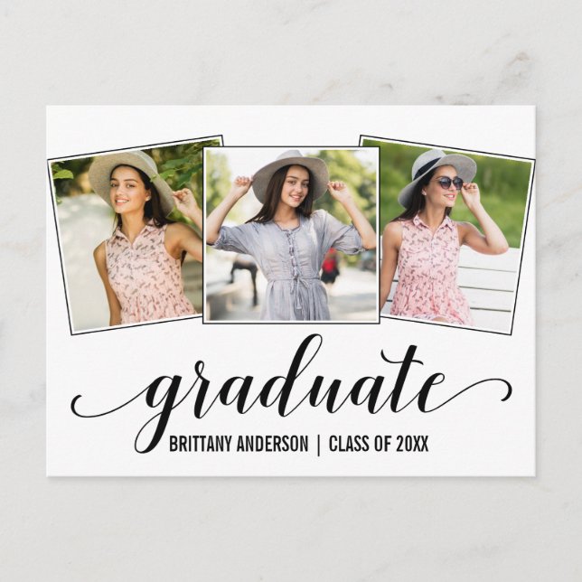 Modern 3 Photo Calligraphy Graduation Announcement (Front)