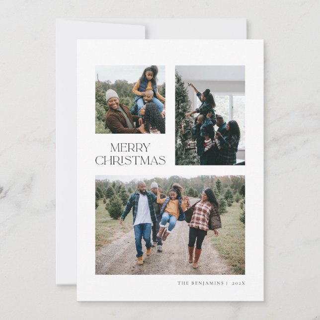Modern 3 Photo Christmas Card in White (Front)