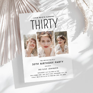 Modern 3 Photo Collage 30th Birthday Party Invitation