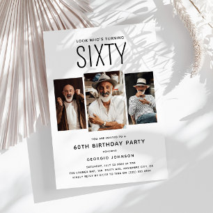 Modern 3 Photo Collage 60th Birthday Party Invitation