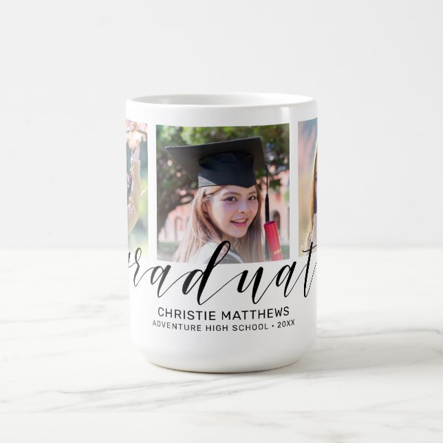 Modern 3 Photo Collage Black Script Graduate Coffee Mug (Center)