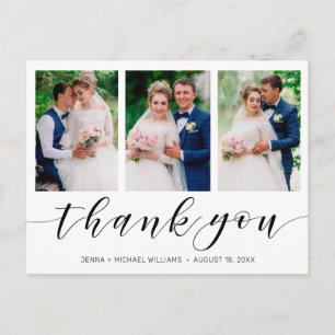 Modern 3 Photo Collage Black Script Wedding Postcard