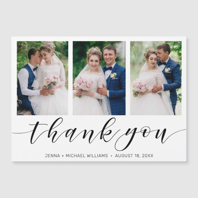 Modern 3 Photo Collage Black Script Wedding Thanks (Front)
