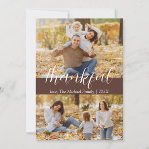 Modern 3 Photo Collage Brown Thankful Thanksgiving Holiday Card