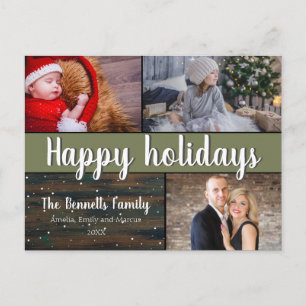Modern 3 Photo Collage Christmas Holiday Postcard