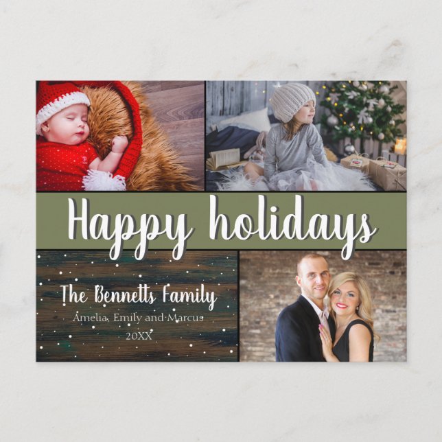Modern 3 Photo Collage Christmas Holiday Postcard (Front)