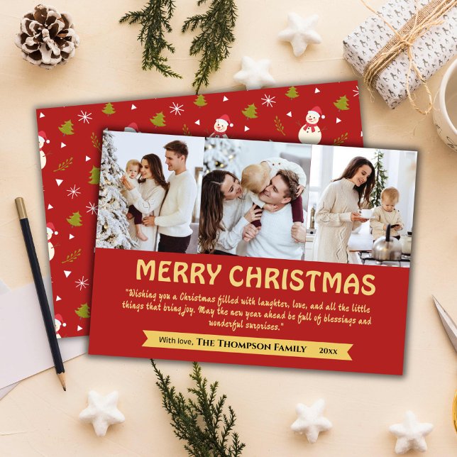 Modern 3-photo collage cute red Christmas  Holiday Card (Front/Back )