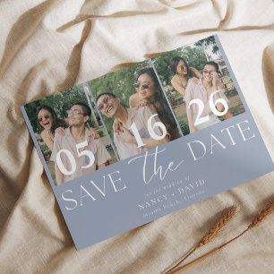 Modern 3 photo Collage Dusty Blue Wedding Save The Date
