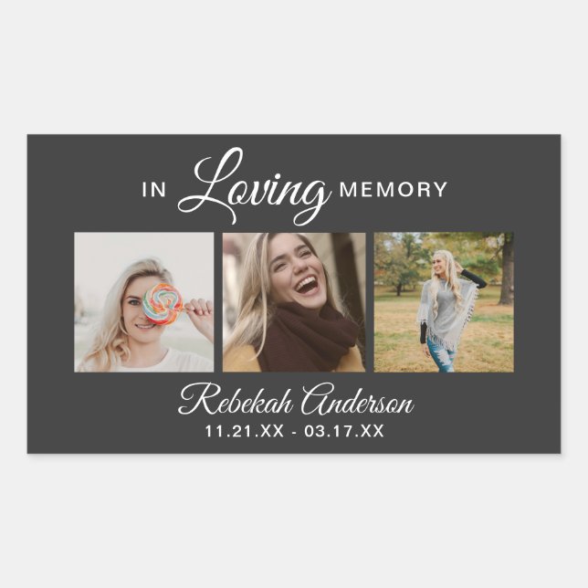 Modern 3 Photo Collage Funeral Rectangular Sticker (Front)
