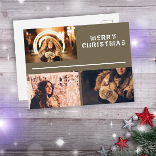 Modern 3 Photo Collage Merry Christmas Postcard