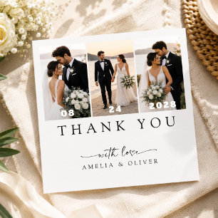 Modern 3 Photo Collage Minimalist Wedding Squared Thank You Card