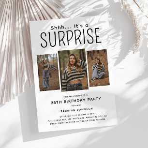 Modern 3 Photo Collage Surprise Birthday Party Invitation