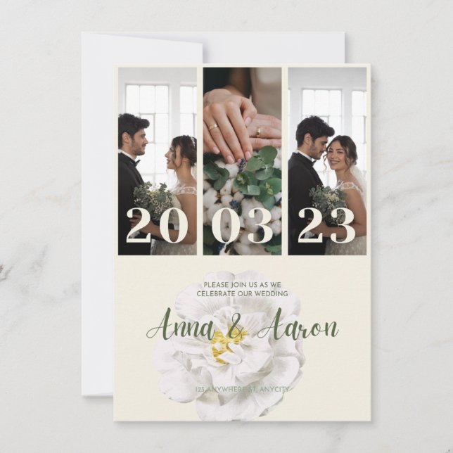 Modern 3 Photo Collage Wedding Invitation with Dat (Front)