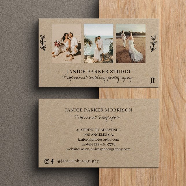 Modern 3 photo collage wedding photographer kraft  business card (Creator Uploaded)