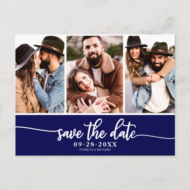 Modern 3 Photo Collage Wedding Save The Date Postcard (Front)
