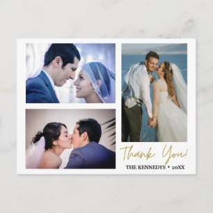 Modern 3 Photo Collage Wedding Thank You Announcement Postcard