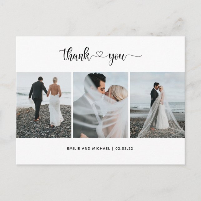 Modern 3 photo collage wedding  thank you card (Front)