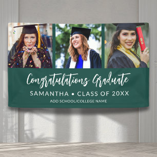 Modern 3 Photo Congratulations Green Graduation Banner