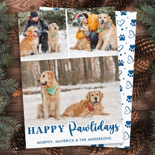 Modern 3 Photo Dog Personalised Happy Pawlidays Holiday Card