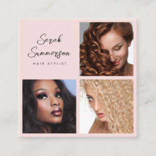 Modern 3 Photo Elegant Script Pink Hair Stylist Square Business Card