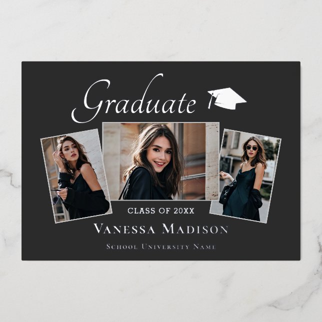 Modern | 3 Photo Foil Graduation Announcement (Front)