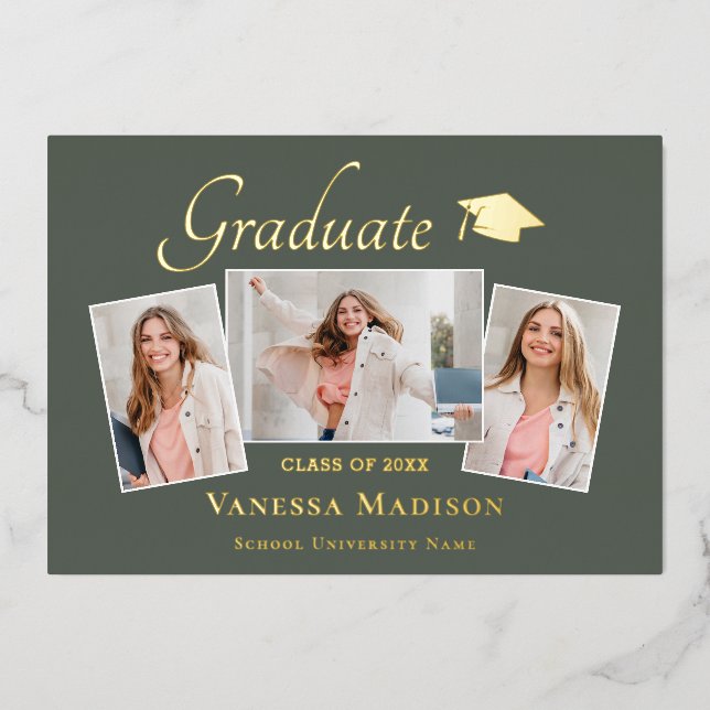 Modern | 3 Photo Foil Graduation Announcement (Front)
