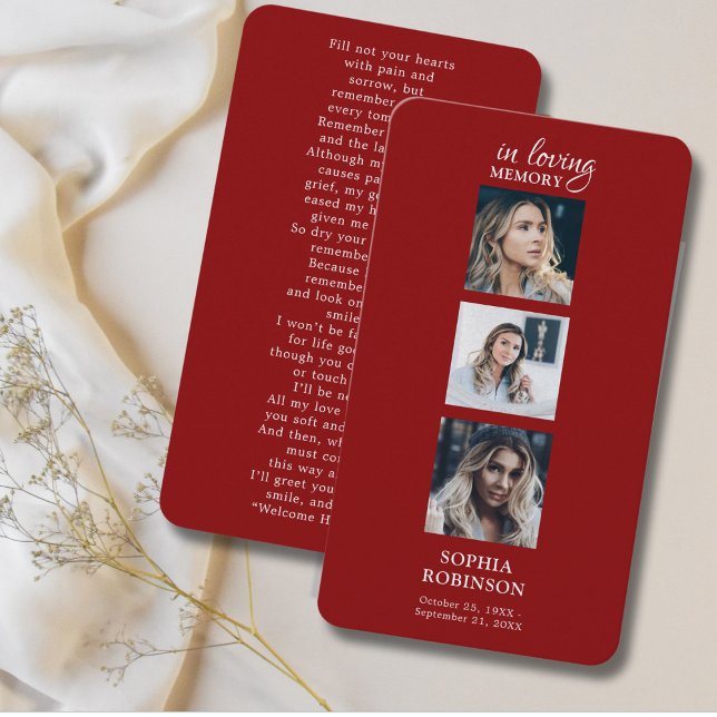 Modern 3 Photo Funeral Prayer Red Bookmark Card (Creator Uploaded)
