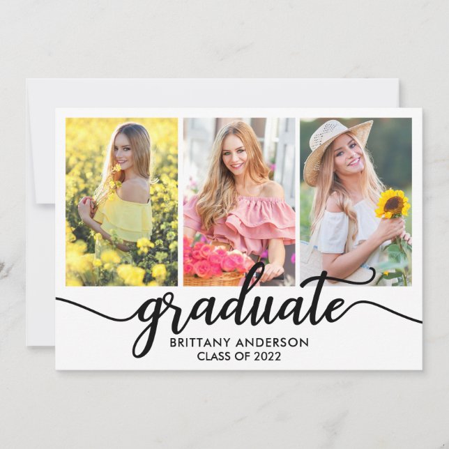 Modern 3 Photo Graduation Announcement Card (Front)