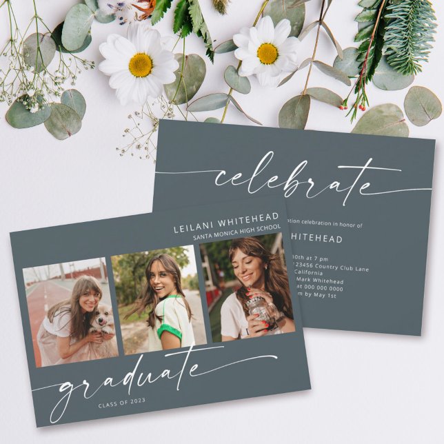 Modern 3 Photo Graduation Dark Teal Announcement (Creator Uploaded)
