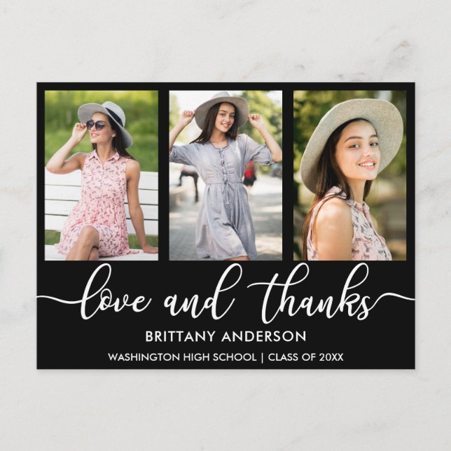 Modern 3 Photo Graduation Love and Thanks Announcement Postcard (Front)