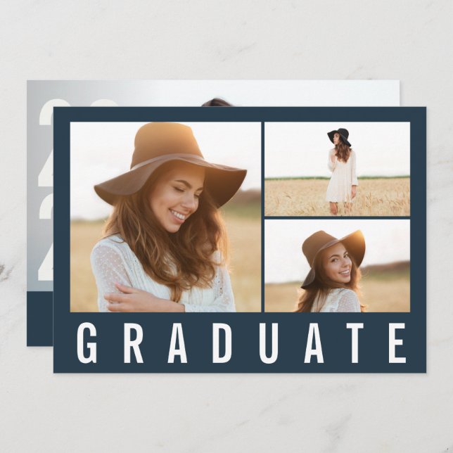 Modern 3 photo graduation navy blue typography announcement (Front/Back)