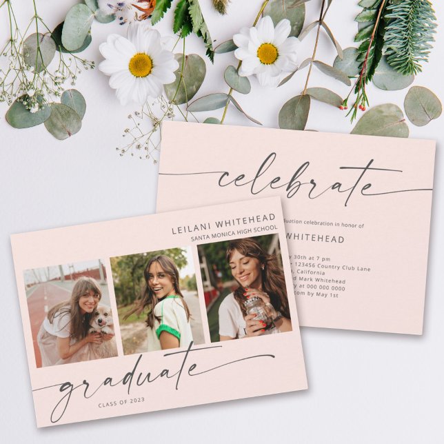 Modern 3 Photo Graduation Party Blush Pink Announcement (Creator Uploaded)