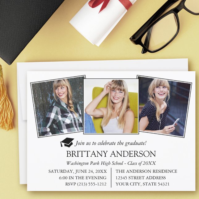 Modern 3 Photo Graduation Party Invitation (Customize to add more text to back of card.)